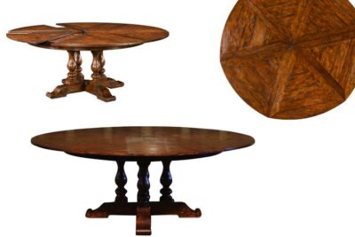 Round expandable dining table with hidden leaves, rustic Jupe table for sale