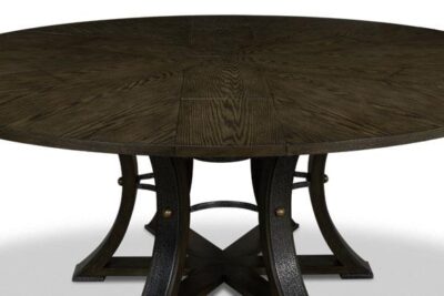 Jupe table with leaves stowed away shown here at 64-round, seats 6 people