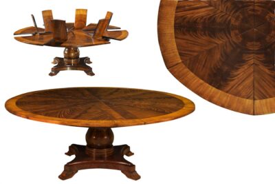 Large round expandable table, satinwood inlaid mahogany pedestal table