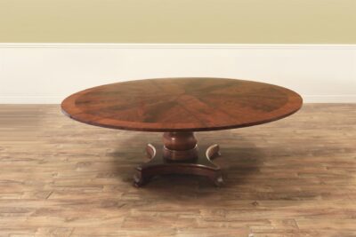 Mahogany Jupe Table, Large Round Expanding Pedestal Table with Self-Storing Leaves