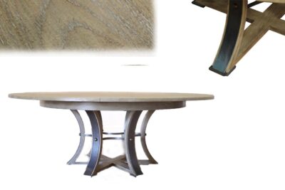 Transitional Gay Oak Round Jupe Table with Hammered Steel Saber Legs