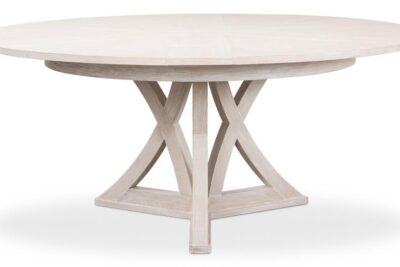 Casual Jupe table with Whitewash finish, 64 to 84 inches round and seats 6 to 10 people