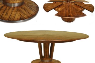 Contemporary expandable round dining table with self storing leaves