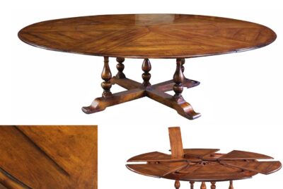 Extra large solid walnut expandable round dining table with self storing leaves