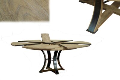 Transitional gray oak round jupe table with self storing leaves seats 4 to 8 people