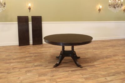 Round mahogany dining table, Circular mahogany dining table with dark walnut-wood finish