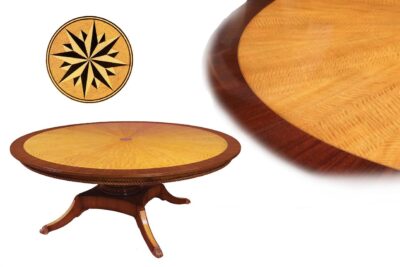 Custom American made large round satinwood and mahogany dining table