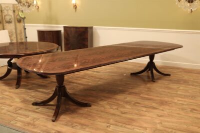 12 foot mahogany dining table seats 8 to 14 people, long-grain crotch mahogany pedestal table