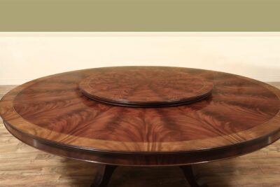 44-inch lazy Sussan shown on a custom 90-inch round one piece dining table