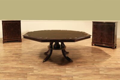 Round mahogany dining and poker table with two sets of leaves and two leaf storage cabinets