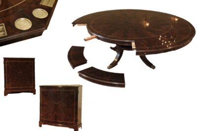 Large round mahogany dining room table with poker leaves and dining room leaves