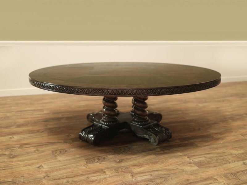 Solid oak table with optional lazy susan. This richly carved table is rustic and sturdy.