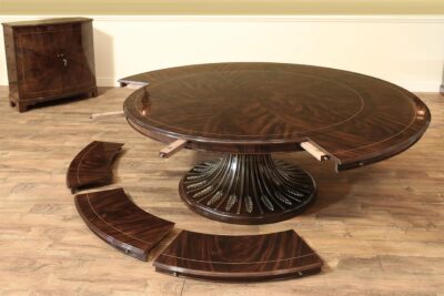 Modern round extendable dining table, transitional pedestal table with leaves for 6 to 10 settings