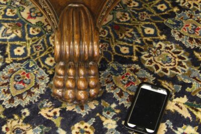 Phone is shown next to paw feet to show scale of pedestal