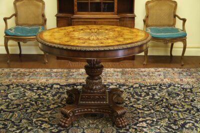 Mahogany and Walnut Regency or Empire Style Center Table with Fine Inlays