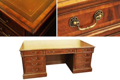 Leather top desk, traditional banded mahogany desk