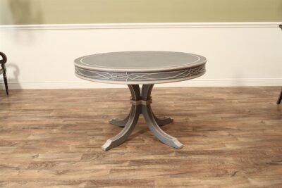 48" Center table with blue and gray finish, fret-carved apron and hand-painted saber legs