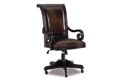 Dark Brown and Black Executive Chair with Glazed Leather Back and Brass Nail Trim