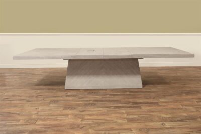 Modern gray and white box pedestal expansion table with two leaves opens to 128 inches