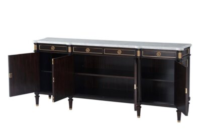 Dark walnut sideboard with four large doors and 4 drawers