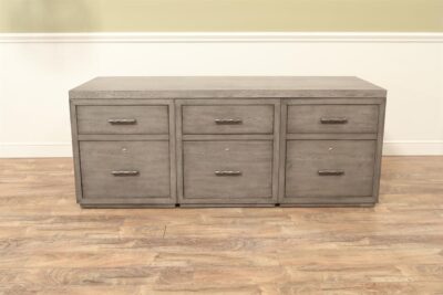 Gray lateral filing cabinet with credenza top, three files and three drawers