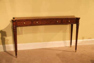 High end narrow design walnut console table and yew wood inlaid cabinet for the dining room or foyer. Great space saver for tighter spaces.  Cabinet features petruding corners like a true period piece, custom and detailed brass hardware,   Heavy and quality cabinet for any caliber estate. 