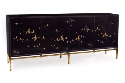 Black glass credenza or side cabinet with gold reverse painted migrating geese