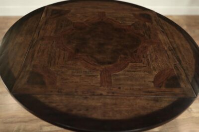 Inlaid parquetry top with mahogany, chestnut burl, walnut and acacia hardwoods