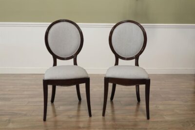 Round back mahogany dining room chairs upholstered with a Crypton performance fabric