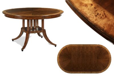 54 Inch Traditional Round Walnut Expansion Table with Two Leaves and opens to 102 Inches