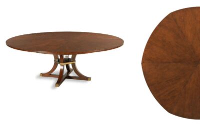 64-84 Large Casual Cherry and Brass Accented Jupe Table with Saber Legs