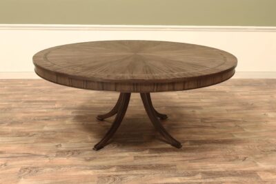 Blonde Light Walnut Brass and Herringbone Inlaid Dining Table on a Brass Accented Saber-Leg Pedestal