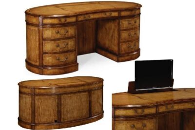 Executive Leather Top Kidney Desk with Hidden Monitor Storage