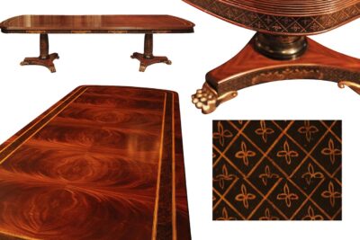 Inlaid Mahogany Dining Table with Brass Lion Paw Feet ,Ebony & Gold Accents