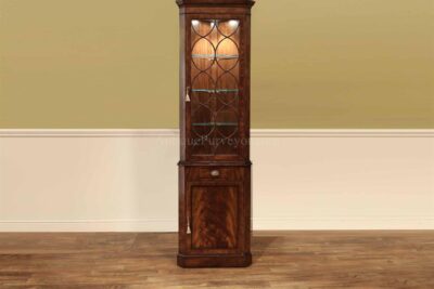 Narrow and Tall Corner China Cabinet, Traditional Hepplewhite Style Inlaid Curio