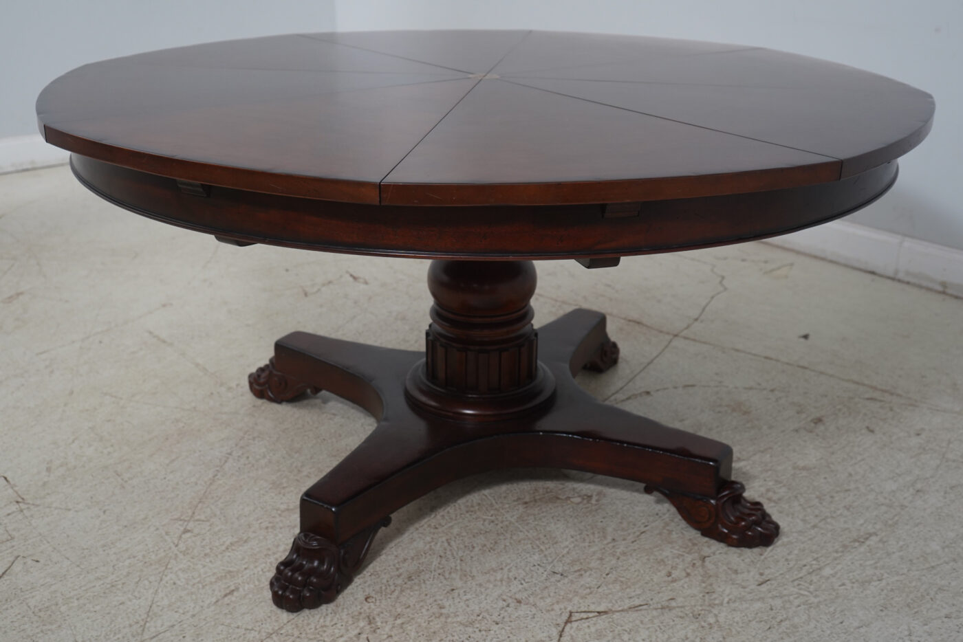 60-84 Radial Capstan Table with Mild Factory Distressed Finish & Leaf Storage - Image 3