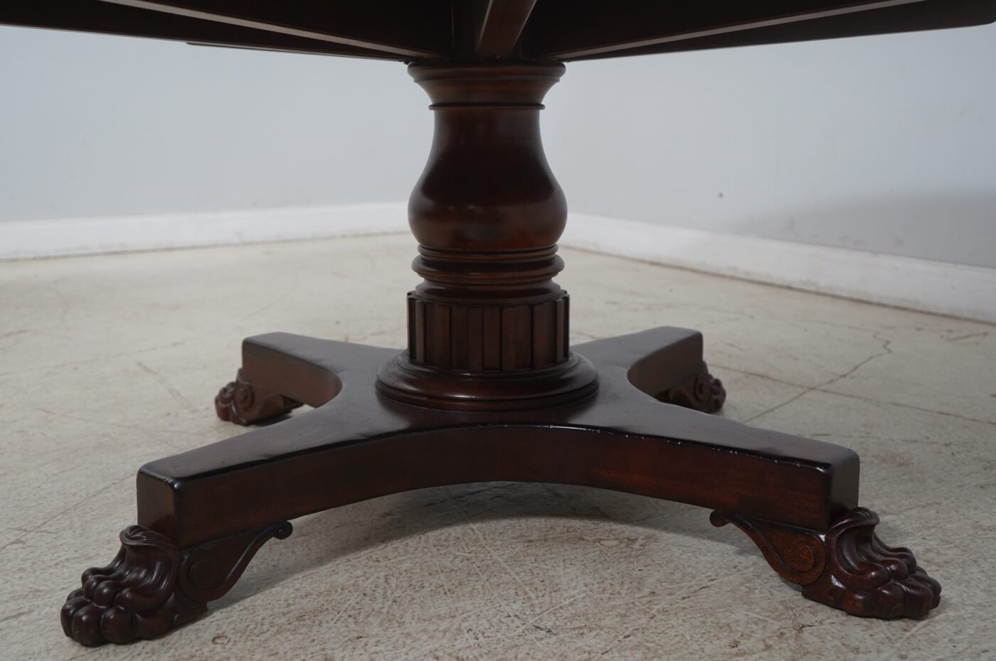 60-84 Radial Capstan Table with Mild Factory Distressed Finish & Leaf Storage - Image 8