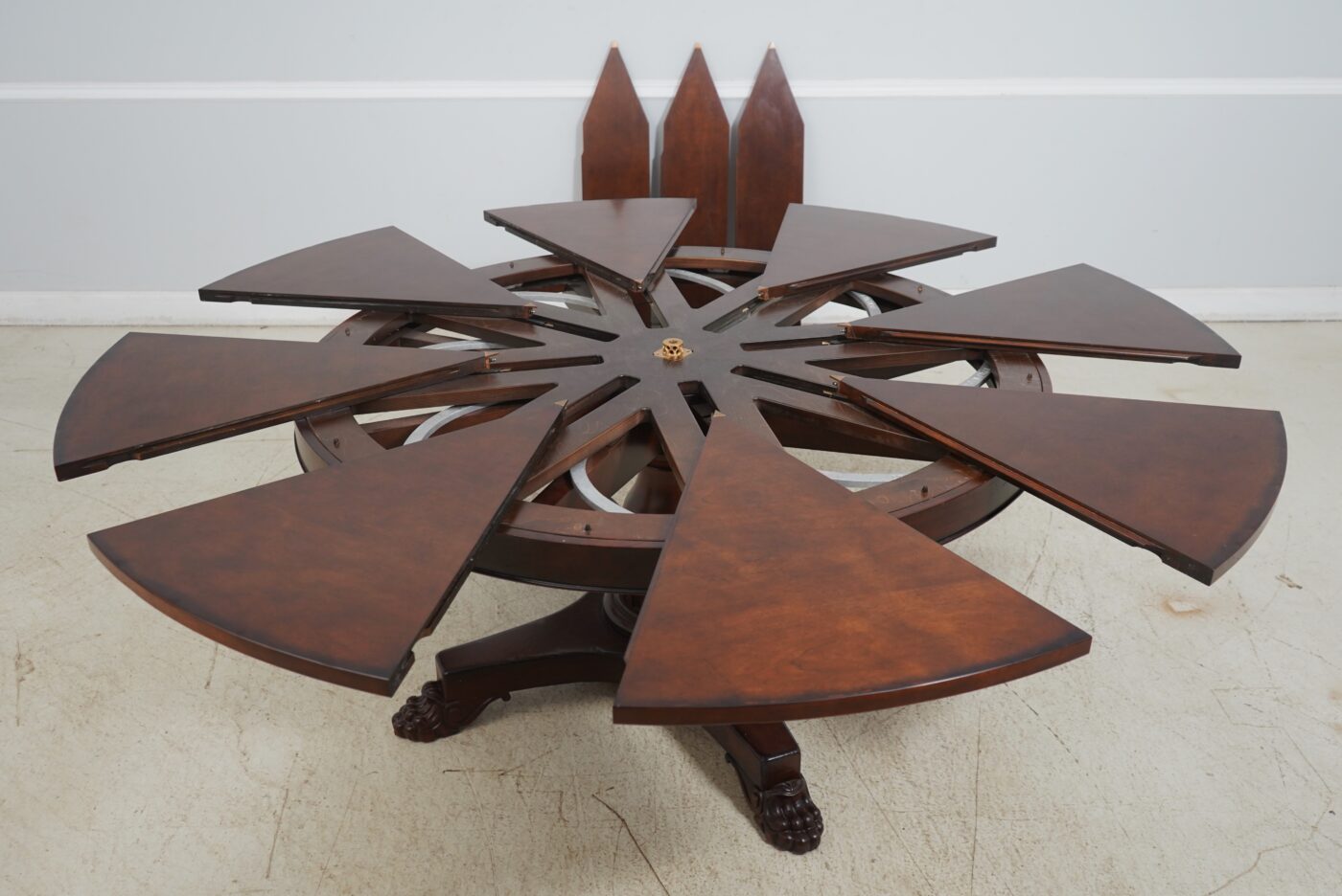 60-84 Radial Capstan Table with Mild Factory Distressed Finish & Leaf Storage - Image 7