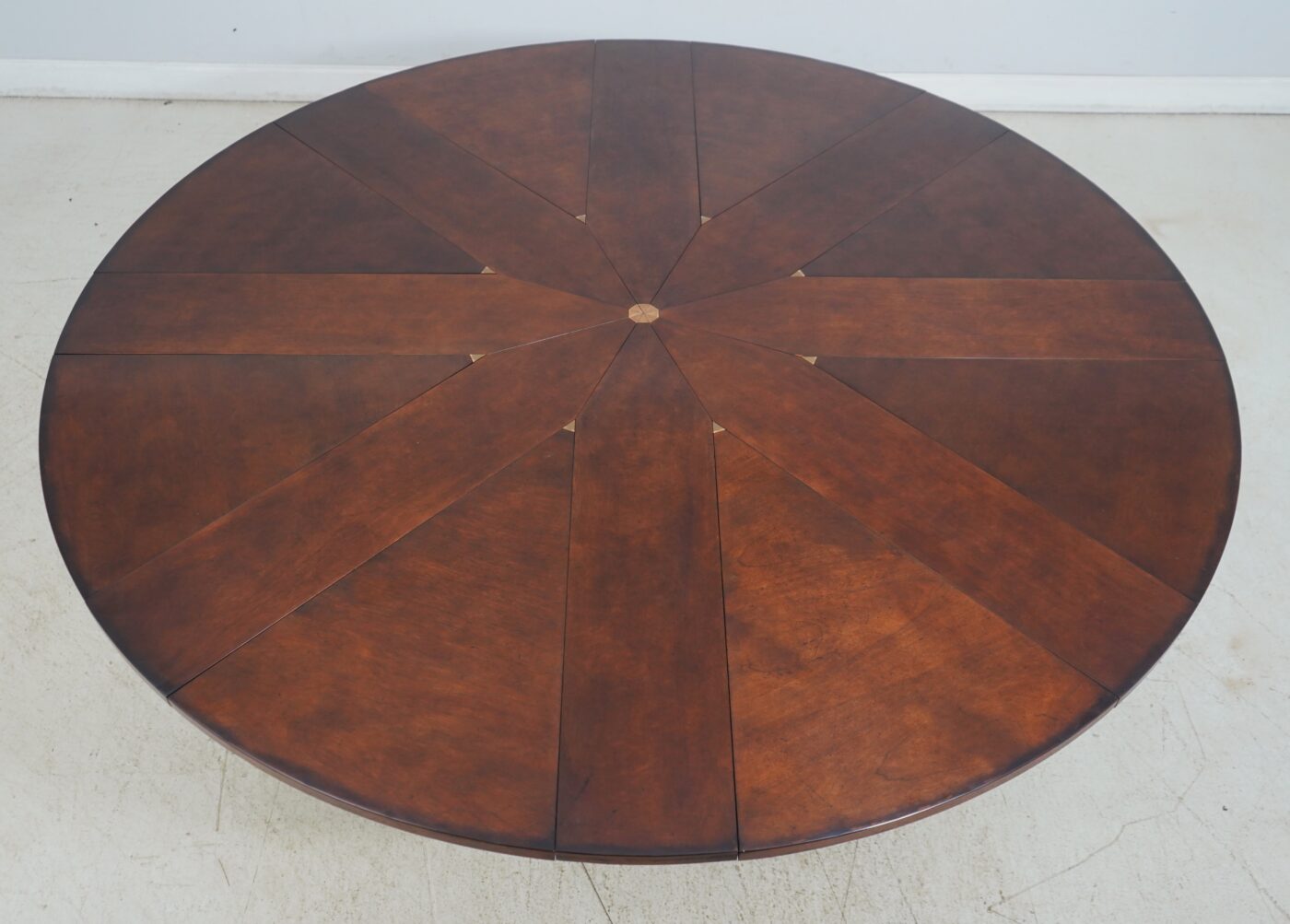 60-84 Radial Capstan Table with Mild Factory Distressed Finish & Leaf Storage - Image 4