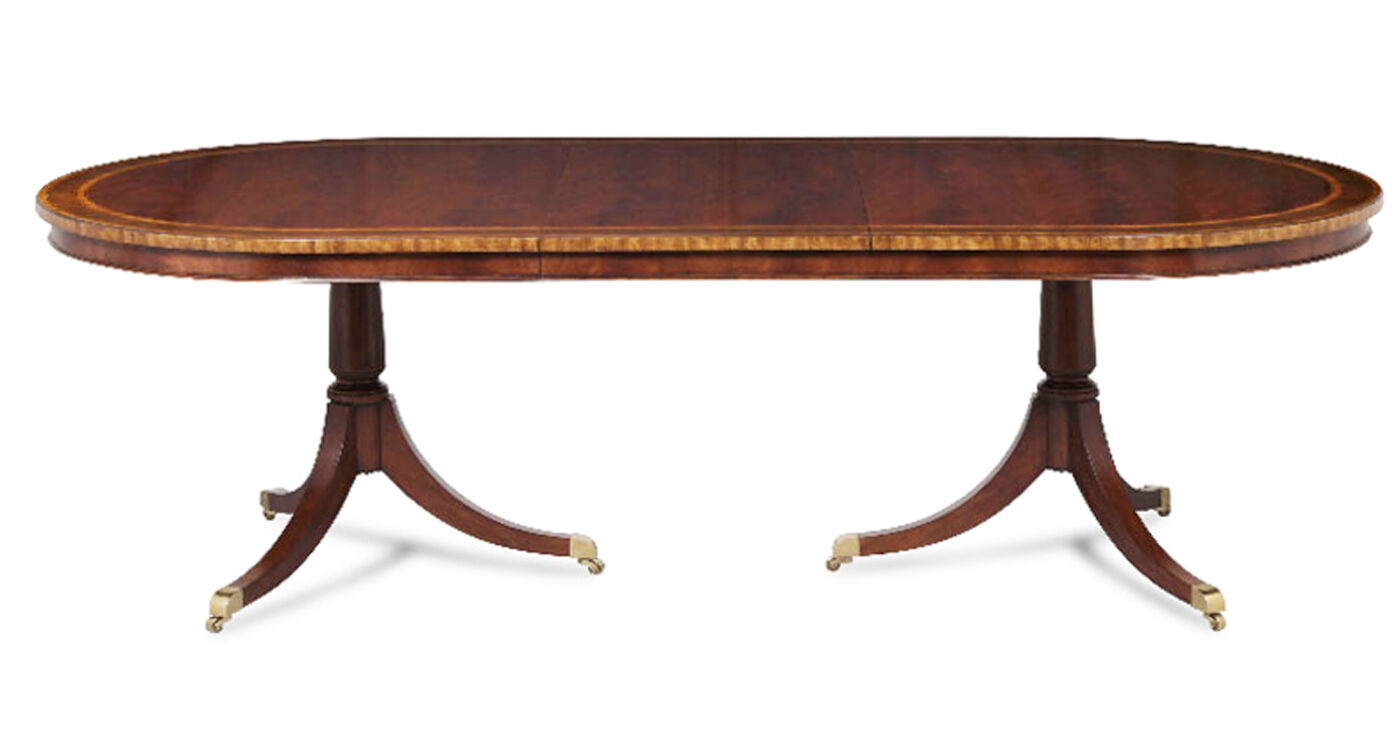 Oval double pedestal inlaid mahogany dining table - Image 3