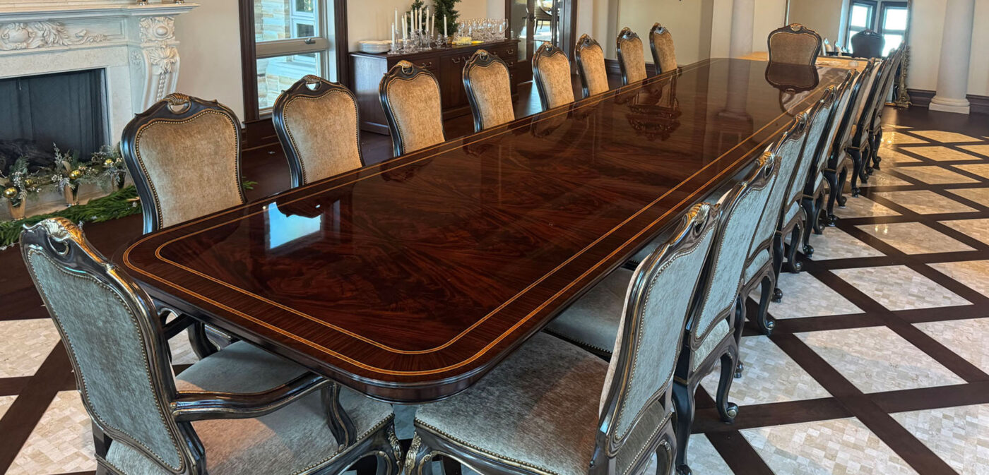 Custom 20-foot mahogany dining table. Multi-banded and inlaid mahogany dining table - Image 19