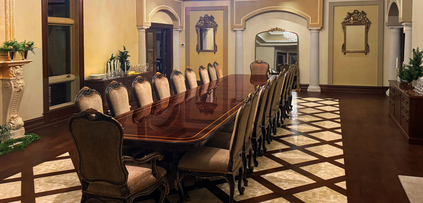 Custom 20-foot mahogany dining table. Multi-banded and inlaid mahogany dining table - Image 18