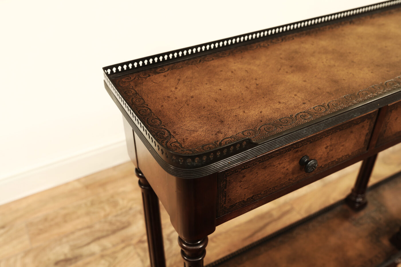 Narrow console table, high end console table with brass gallery top and undertier. Burly walnut and acacia - Image 3