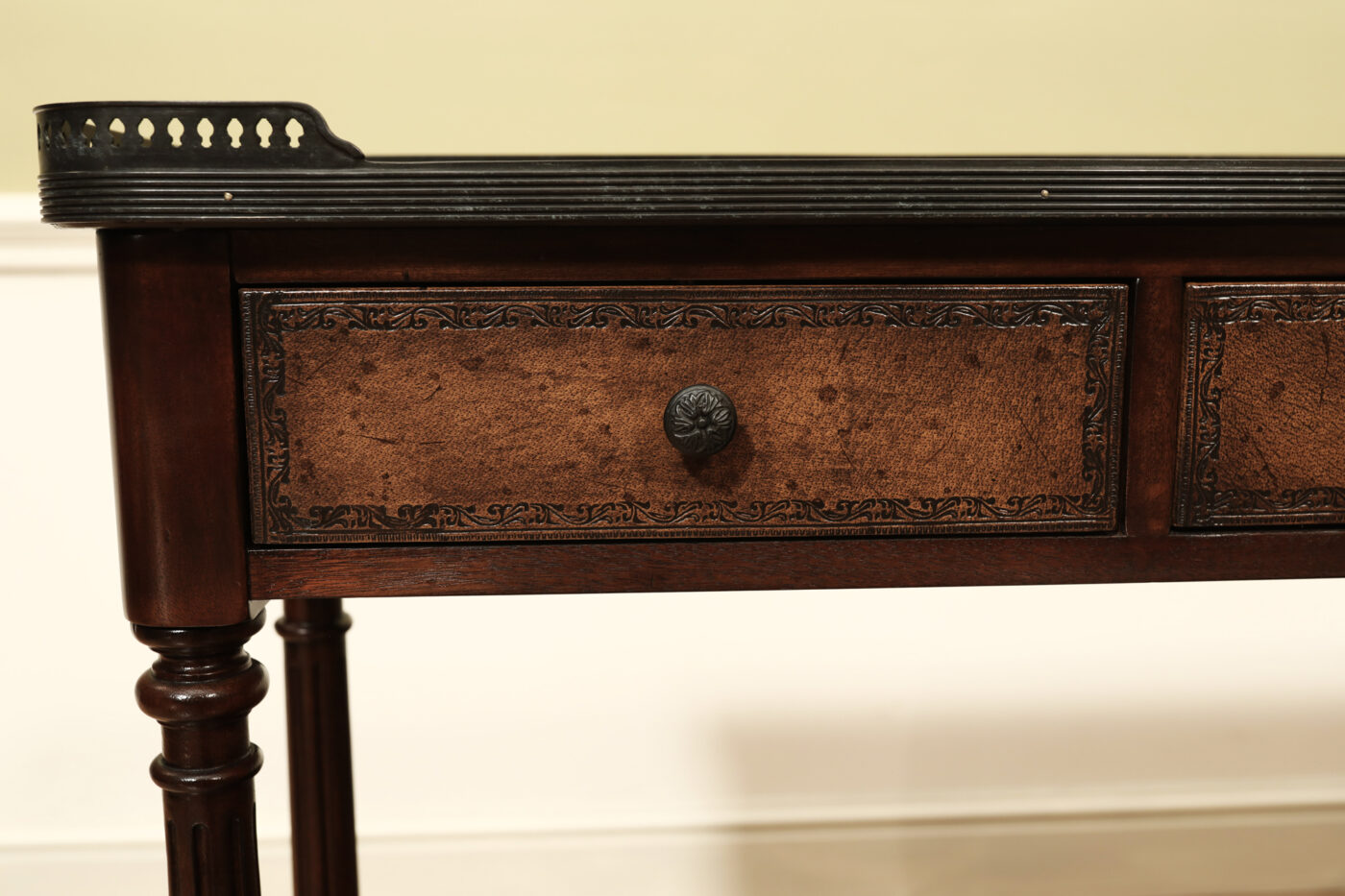 Narrow console table, high end console table with brass gallery top and undertier. Burly walnut and acacia - Image 10