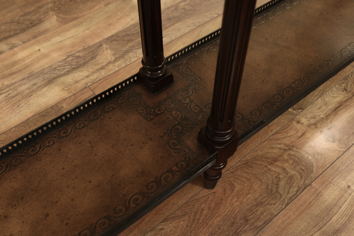 Narrow console table, high end console table with brass gallery top and undertier. Burly walnut and acacia - Image 9