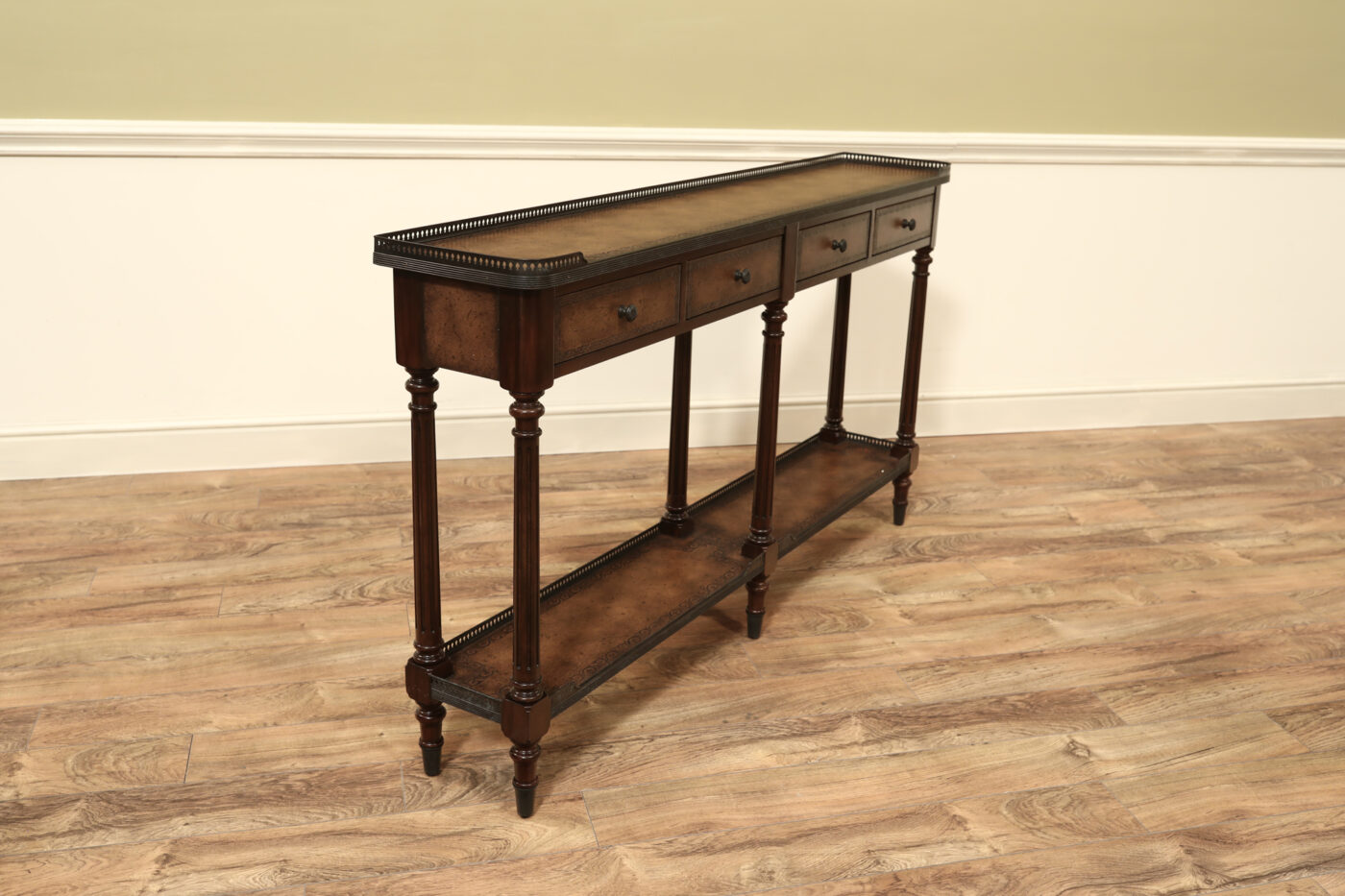 Narrow console table, high end console table with brass gallery top and undertier. Burly walnut and acacia - Image 2