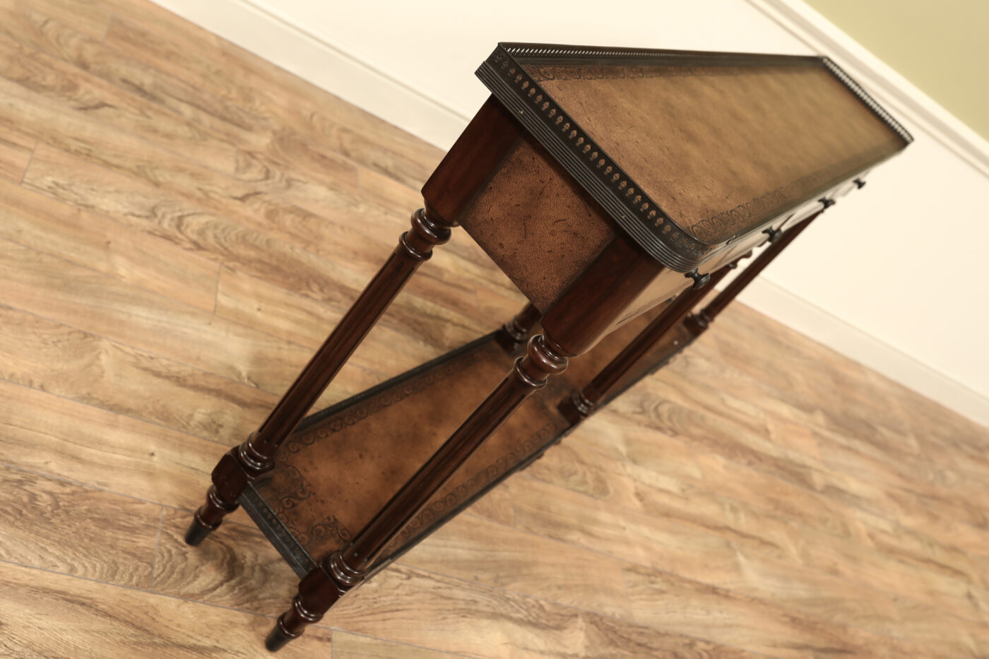 Narrow console table, high end console table with brass gallery top and undertier. Burly walnut and acacia - Image 8