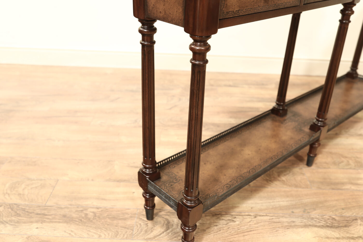 Narrow console table, high end console table with brass gallery top and undertier. Burly walnut and acacia - Image 4