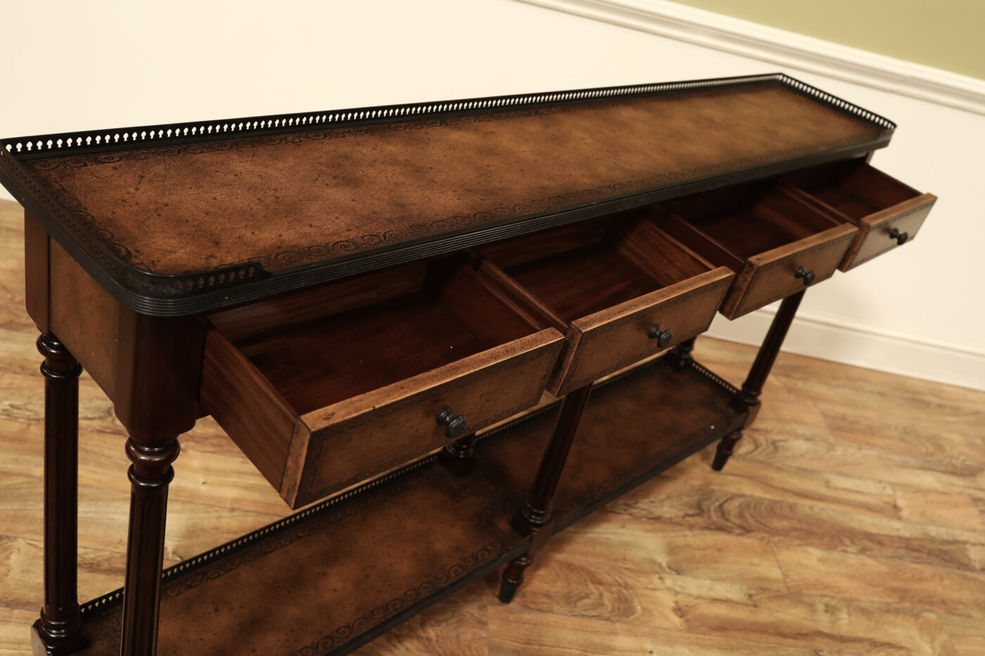 Narrow console table, high end console table with brass gallery top and undertier. Burly walnut and acacia - Image 6